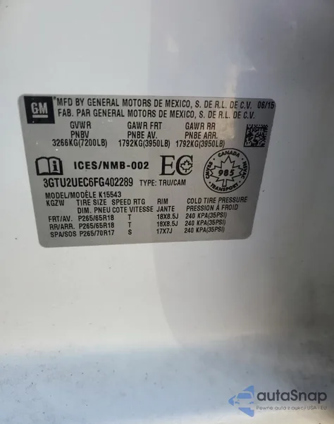 2015 GMC Sierra K1500 Sle from USA, damaged, VIN 3GTU2UEC6FG402289